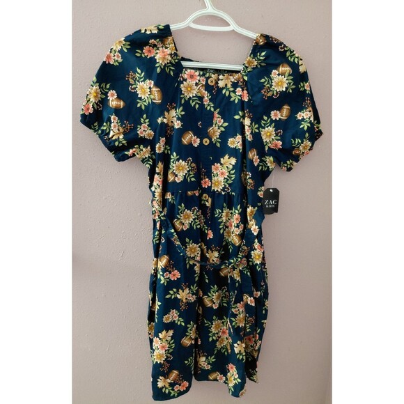 Zac Kids Girls Midnight Blue Floral Short Sleeve Smocked Dress Size 18(XXL) NWT - Picture 1 of 14